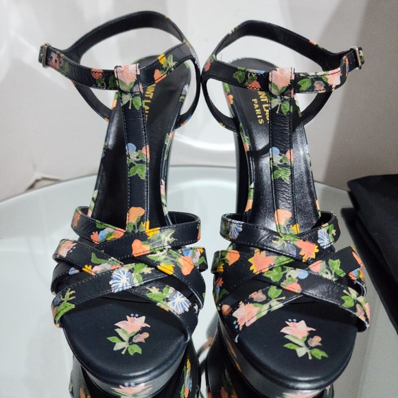 Saint Laurent Floral Print Pumps Tribute Black Leather Heels Size 38 - Picture 2 of 10